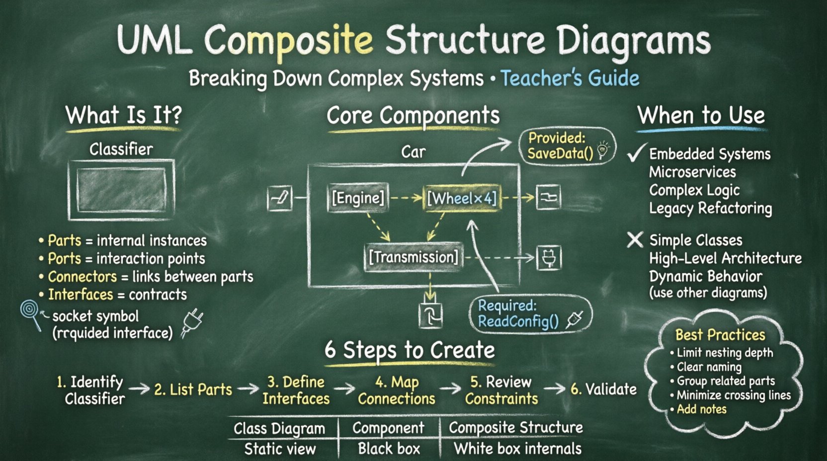 Chalkboard-style educational infographic explaining UML Composite Structure Diagrams with hand-drawn illustrations of parts, ports, connectors, and interfaces, plus usage guidelines and best practices for simplifying complex software systems