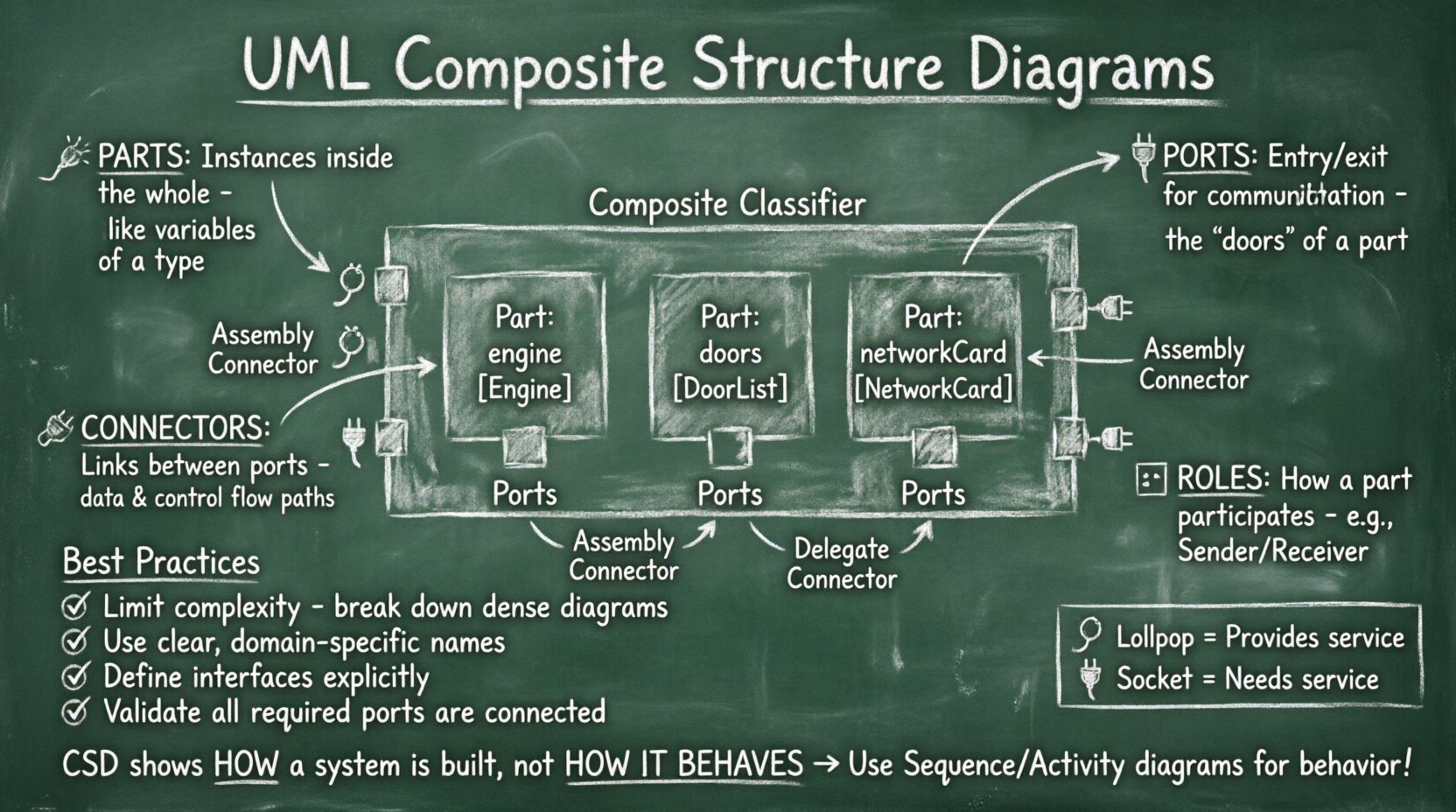 Chalkboard-style infographic explaining UML Composite Structure Diagrams with hand-written teacher aesthetic, showing core elements: Parts, Ports, Connectors, and Roles, plus interface symbols (lollipop/socket), connector types, and modeling best practices for system architecture design