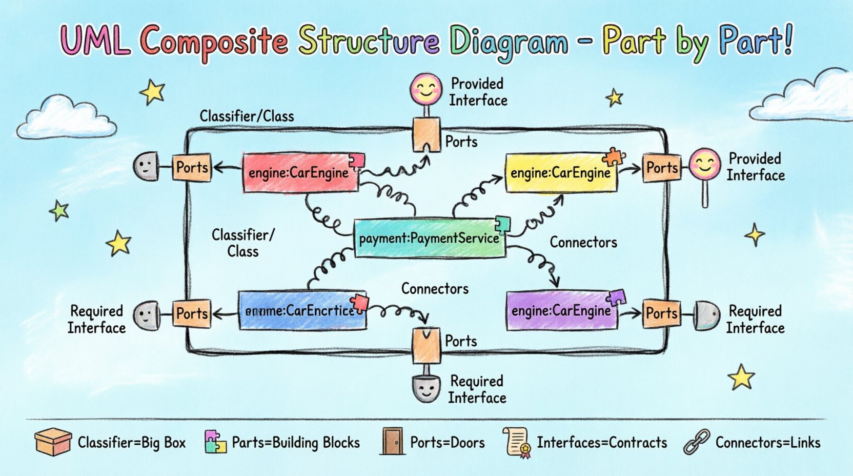 Child-style hand-drawn infographic explaining UML Composite Structure Diagram anatomy with colorful parts, ports, interfaces, and connectors in playful crayon art style for educational purposes