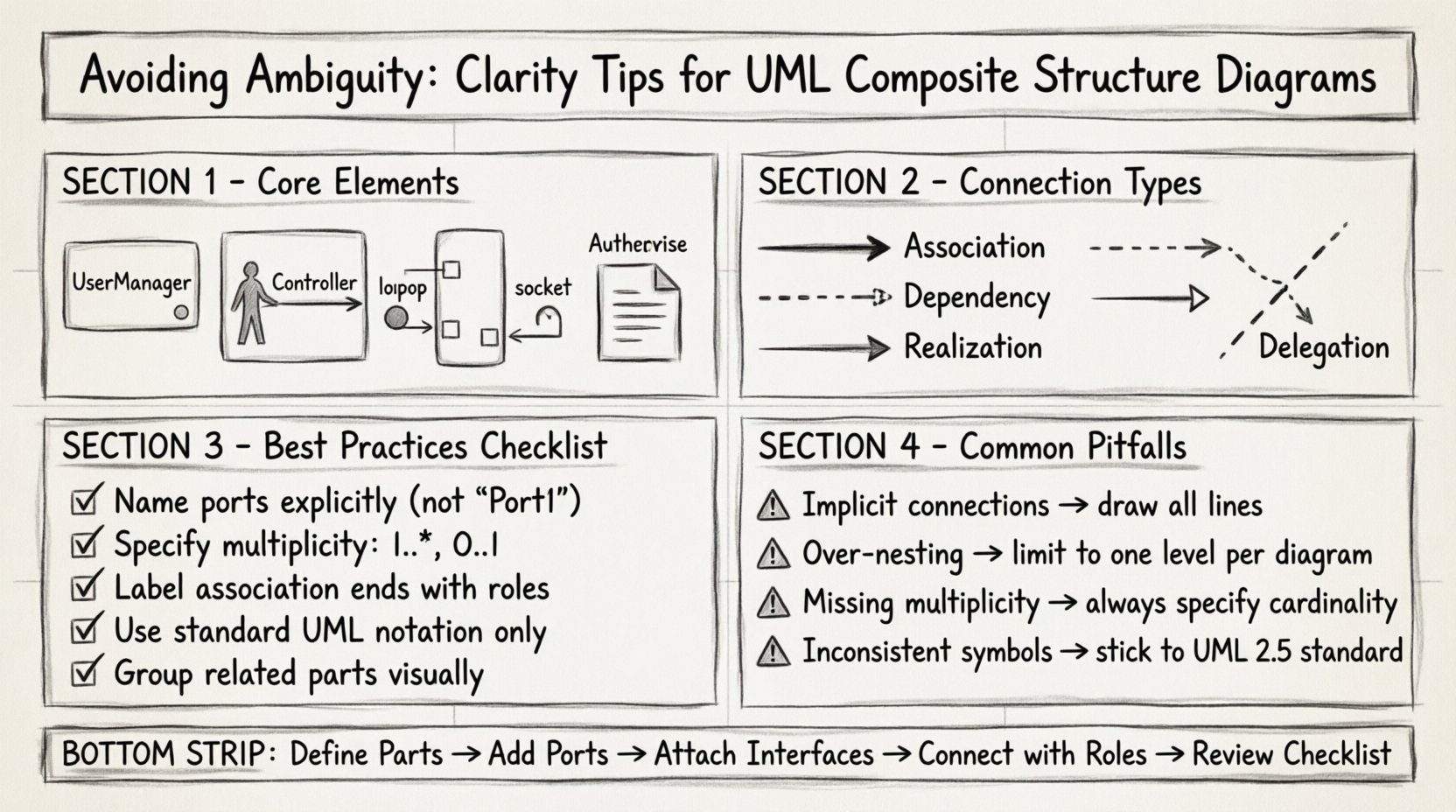 Sketch-style infographic showing key tips for creating clear UML Composite Structure Diagrams: core elements (parts, roles, ports, interfaces), connection types (association, dependency, realization, delegation), best practices checklist, and common ambiguity pitfalls to avoid