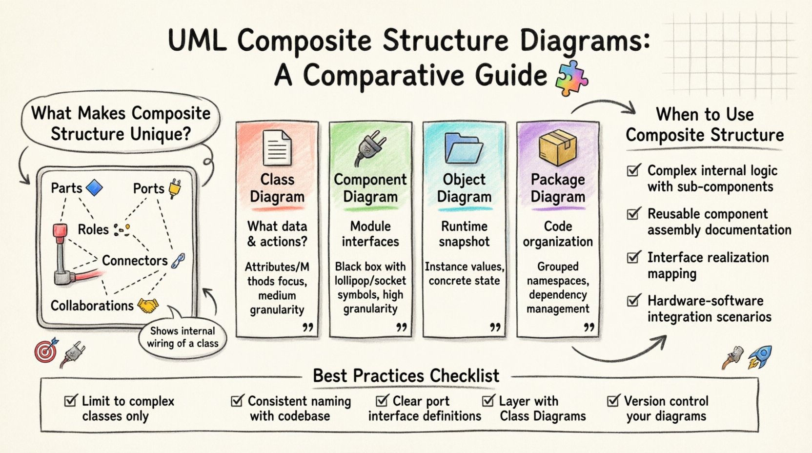 Marker-style infographic comparing UML Composite Structure Diagrams with Class, Component, Object, and Package diagrams, highlighting key differences in focus, granularity, internal parts, ports, and use cases for software architecture design