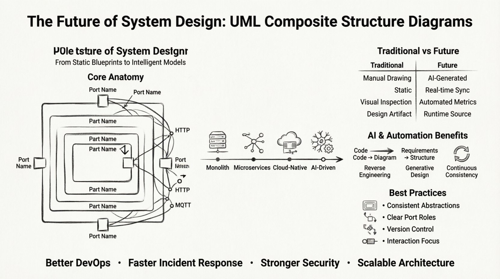 Line art infographic illustrating the evolution of UML Composite Structure Diagrams in modern system design, featuring core components (parts, ports, connectors, interaction points), transition from monolithic to cloud-native architectures, AI-driven automation capabilities including reverse engineering and generative design, traditional versus future-state comparison table, and best practices for DevOps, SRE, and security implementation