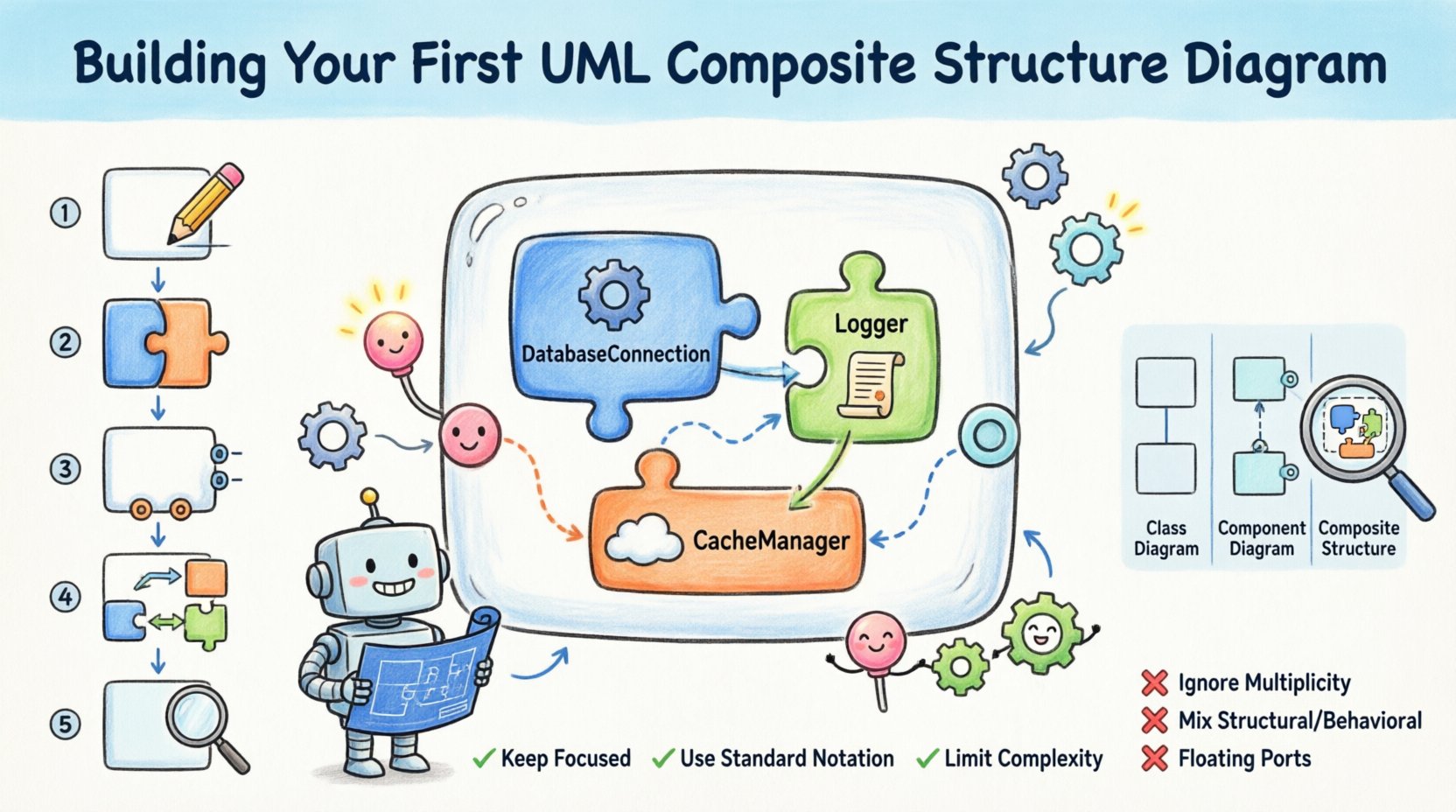 Cartoon infographic illustrating how to build a UML Composite Structure Diagram, showing classifier boxes with internal parts, ports, connectors, step-by-step construction guide, comparison with class/component diagrams, and best practices for software architecture modeling