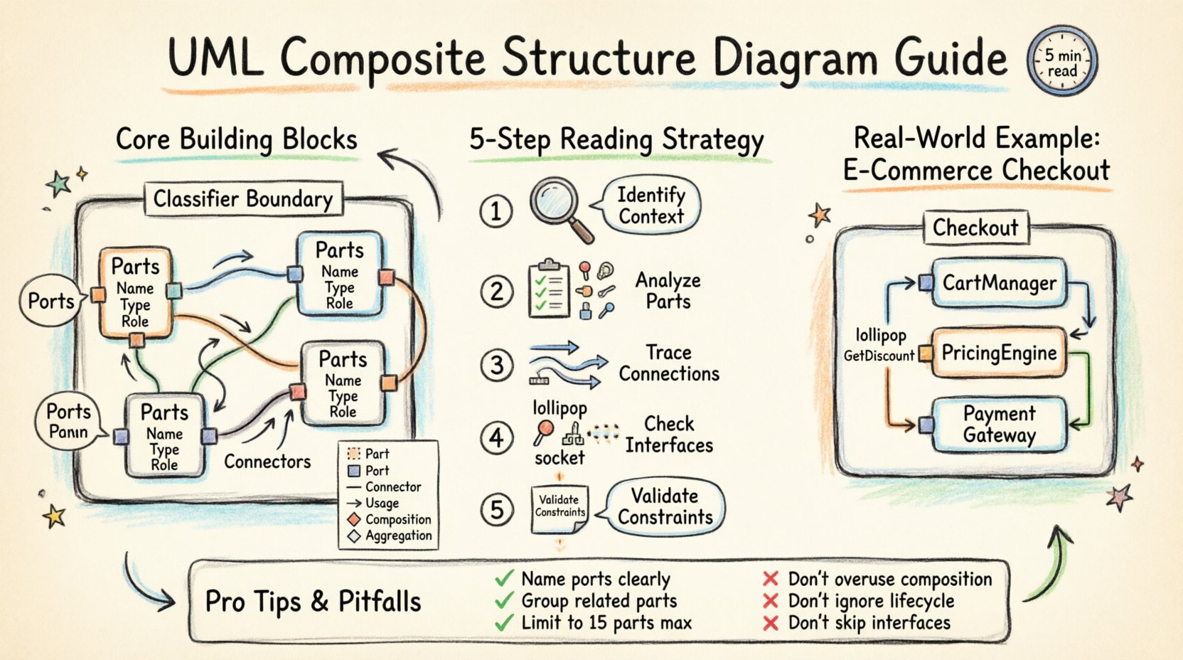 Hand-drawn infographic guide teaching how to read UML Composite Structure Diagrams in 5 minutes, featuring visual explanations of classifier boundaries, parts, ports, connectors, provided and required interfaces, a 5-step reading strategy, symbol legend with composition and aggregation patterns, and a practical e-commerce checkout system example for software engineers and system designers