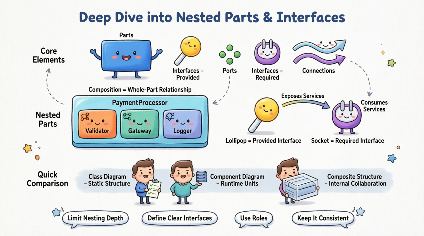 Cartoon-style infographic explaining UML Composite Structure Diagrams, featuring core elements like parts, interfaces, ports, and connections, with visual examples of nested parts, provided/required interface symbols, and best practices for software architecture design