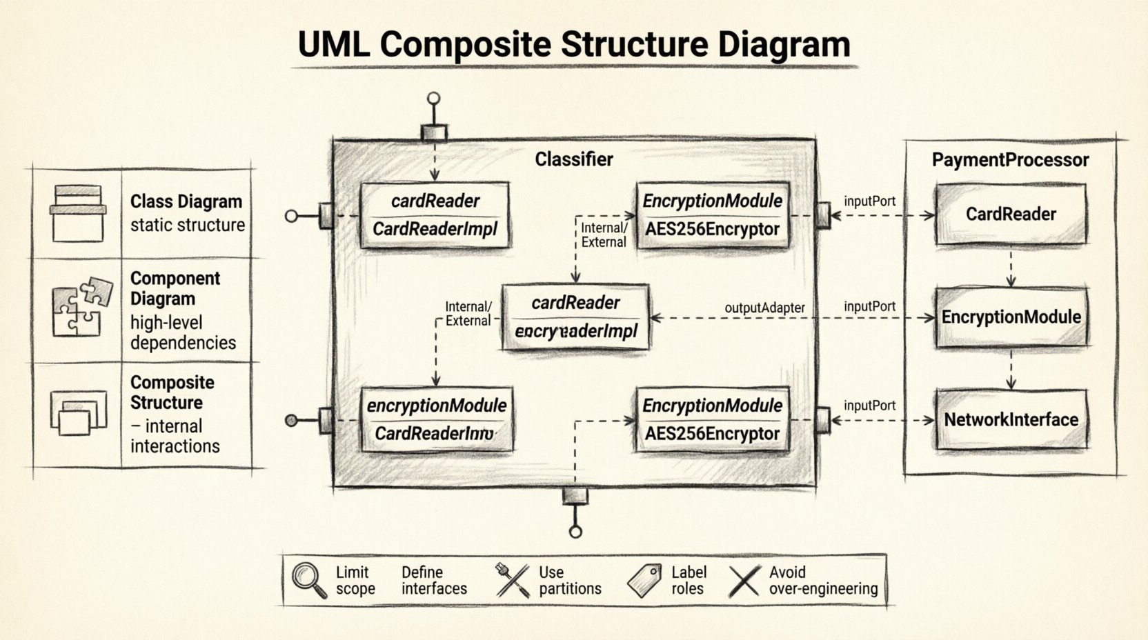Charcoal sketch infographic explaining UML Composite Structure Diagrams: illustrates internal classifier architecture with labeled parts, ports with lollipop/socket interfaces, roles, and connectors; compares Class, Component, and Composite Structure diagrams; features PaymentProcessor example showing CardReader → EncryptionModule → NetworkInterface data flow; includes best practices checklist for modeling complex system compositions and internal collaboration logic