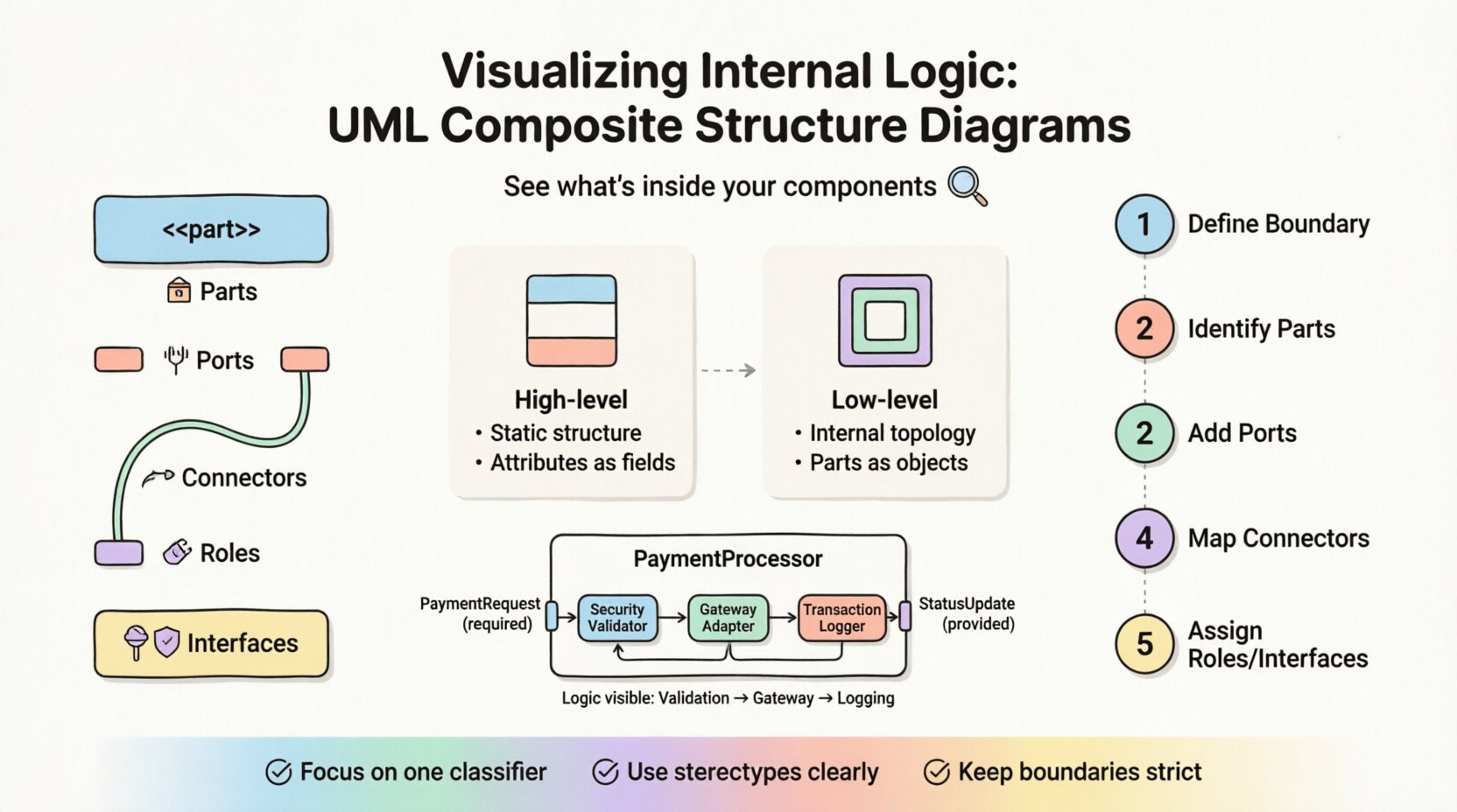 UML Composite Structure Diagrams infographic: visual guide showing core components (parts, ports, connectors, roles, interfaces), comparison with class diagrams, 5-step construction process, and payment processing system example - flat design with pastel colors, black outlines, and rounded shapes for educational use