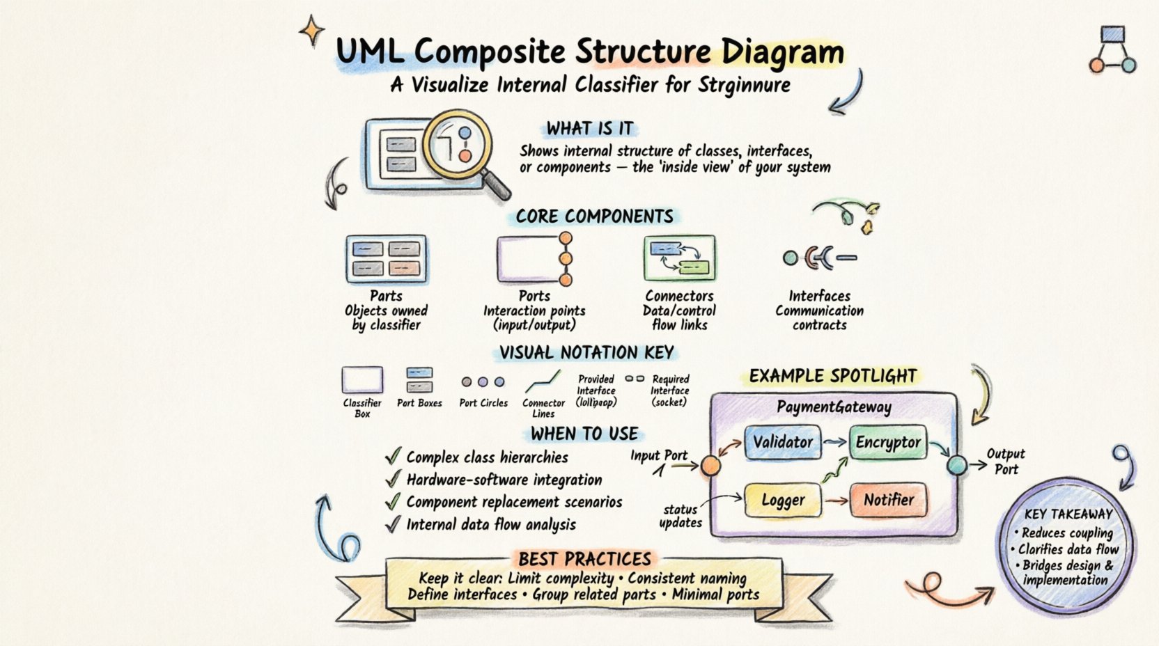 Marker-style infographic explaining UML Composite Structure Diagrams for beginners, featuring core components (parts, ports, connectors, interfaces), visual notation guide, use cases, best practices, and a PaymentGateway example showing internal data flow