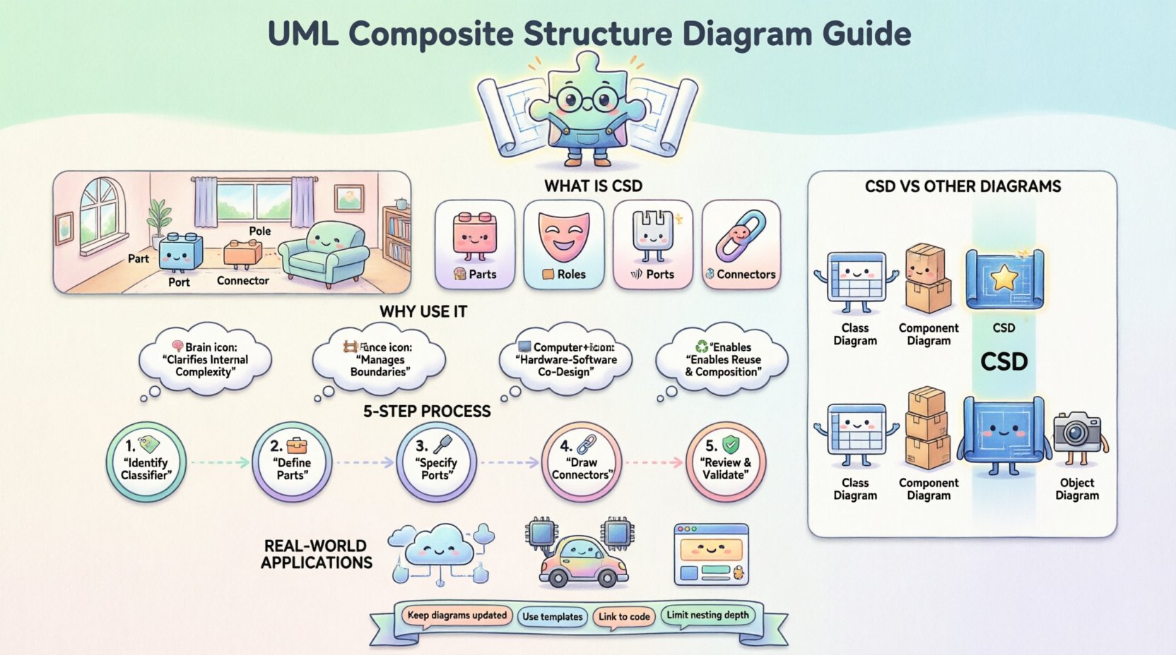 Cute kawaii-style infographic explaining UML Composite Structure Diagrams with pastel vector illustrations showing parts, roles, ports, and connectors; includes step-by-step guide, comparison with other UML diagrams, benefits for software architecture, and real-world application examples in microservices, embedded systems, and GUI frameworks