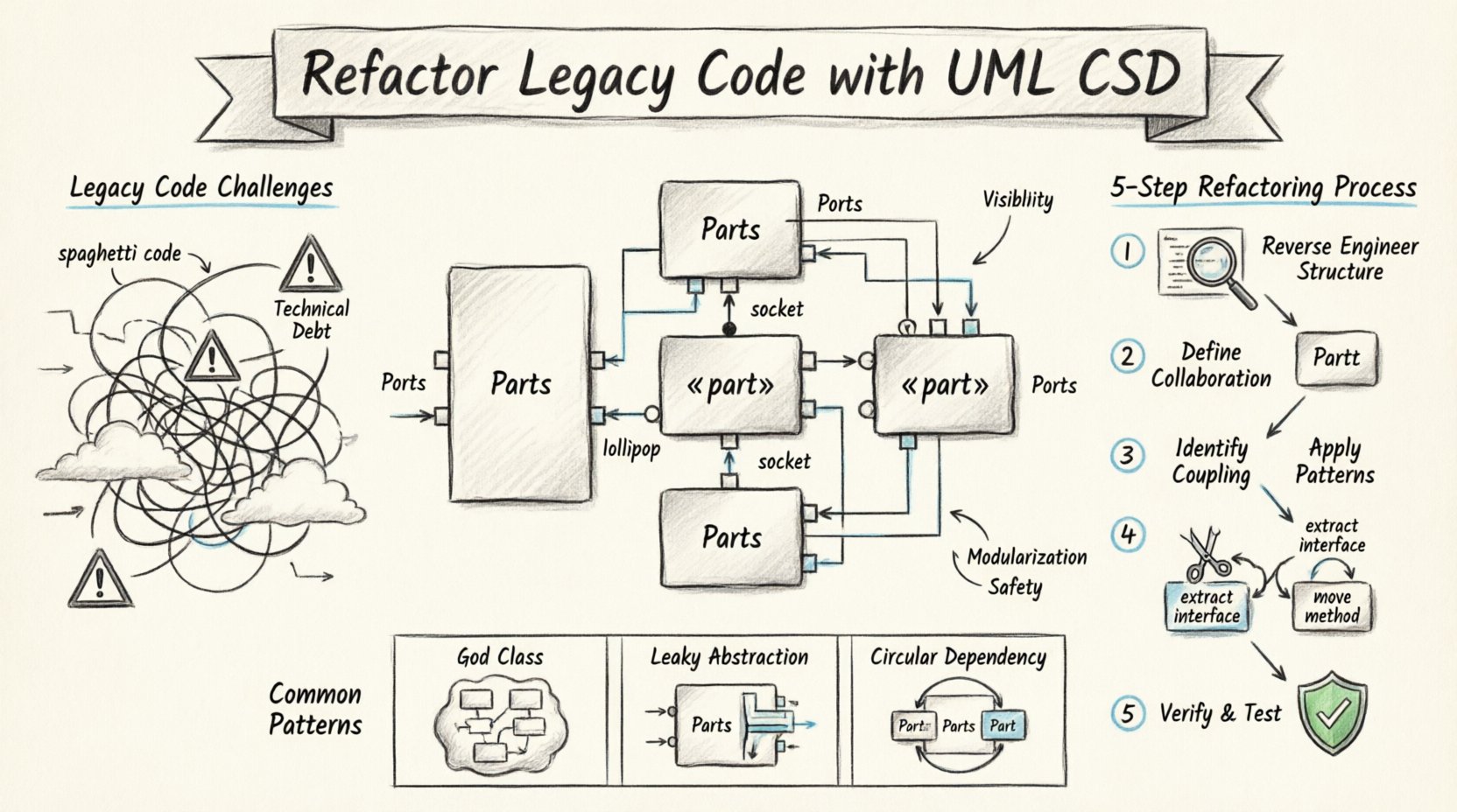 Sketch-style infographic illustrating how to refactor legacy code using UML Composite Structure Diagrams, showing key elements like parts, ports, connectors, and interfaces alongside a 5-step workflow: reverse engineering structure, defining collaboration, identifying coupling, applying refactoring patterns, and verification, with visual examples of common anti-patterns like God Class and circular dependencies