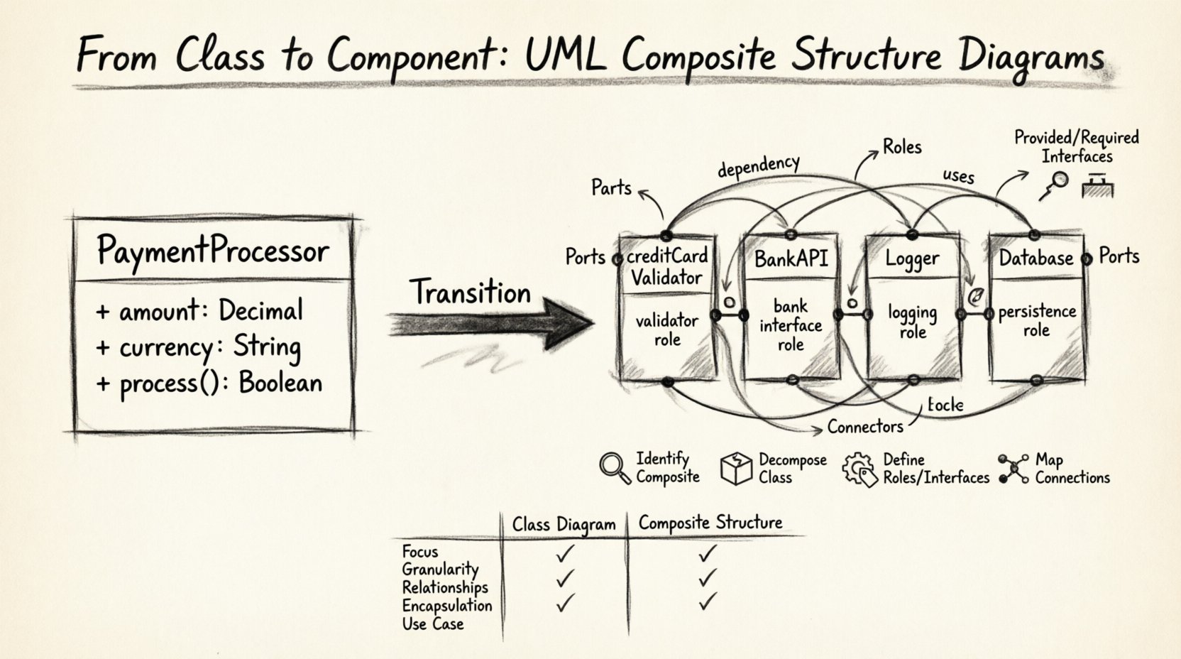 Charcoal contour sketch infographic showing the transition from UML Class Diagrams to Composite Structure Diagrams: a black-box PaymentProcessor class opens to reveal internal parts (creditCardValidator, BankAPI, Logger, Database) connected via ports and interfaces, with labeled UML elements (Parts, Roles, Ports, Connectors), a 4-step workflow (Identify→Decompose→Define→Map), and a comparison table highlighting focus, granularity, and use cases for software architecture design
