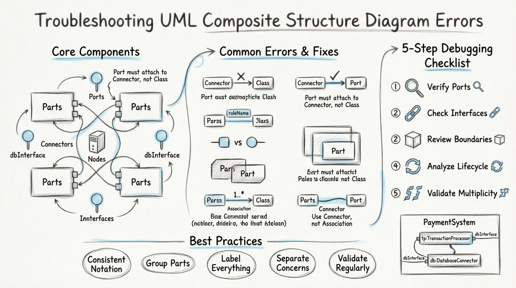 Sketch-style infographic illustrating how to troubleshoot UML Composite Structure Diagram errors, featuring core components (Parts, Ports, Connectors, Nodes, Interfaces), six common pitfalls with visual corrections, a five-step debugging checklist, and best practices for clarity in structural modeling