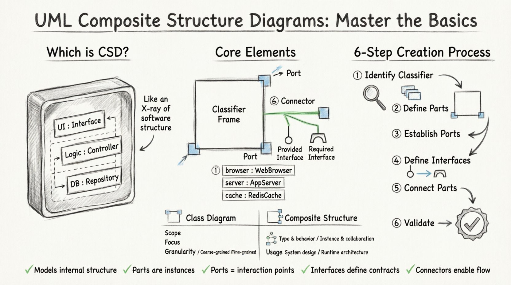 Sketch-style infographic tutorial on UML Composite Structure Diagrams showing core elements (classifier frames, parts, ports, interfaces, connectors), a 6-step creation process flow, visual comparison with class diagrams, and key takeaways for modeling internal software architecture in microservices and component-based systems