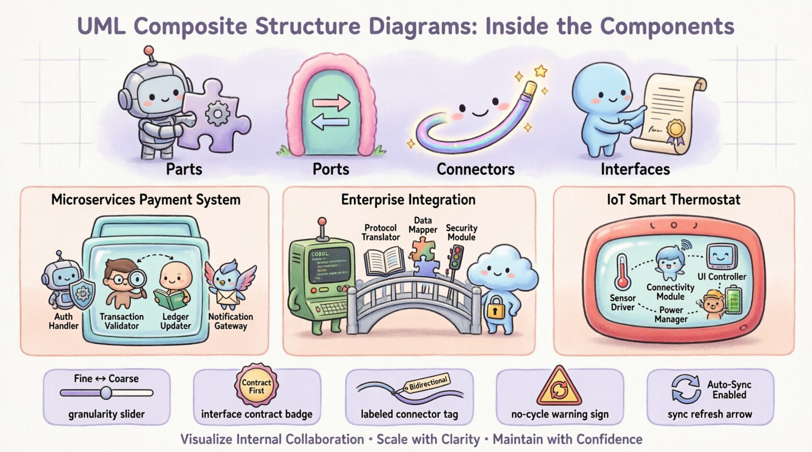 Chibi-style infographic explaining UML Composite Structure Diagrams with cute characters representing Parts, Ports, Connectors, and Interfaces; features three real-world case studies: microservices payment processing system, enterprise legacy integration adapter, and IoT smart thermostat device; includes best practices for modeling; 16:9 aspect ratio, English text, pastel color palette