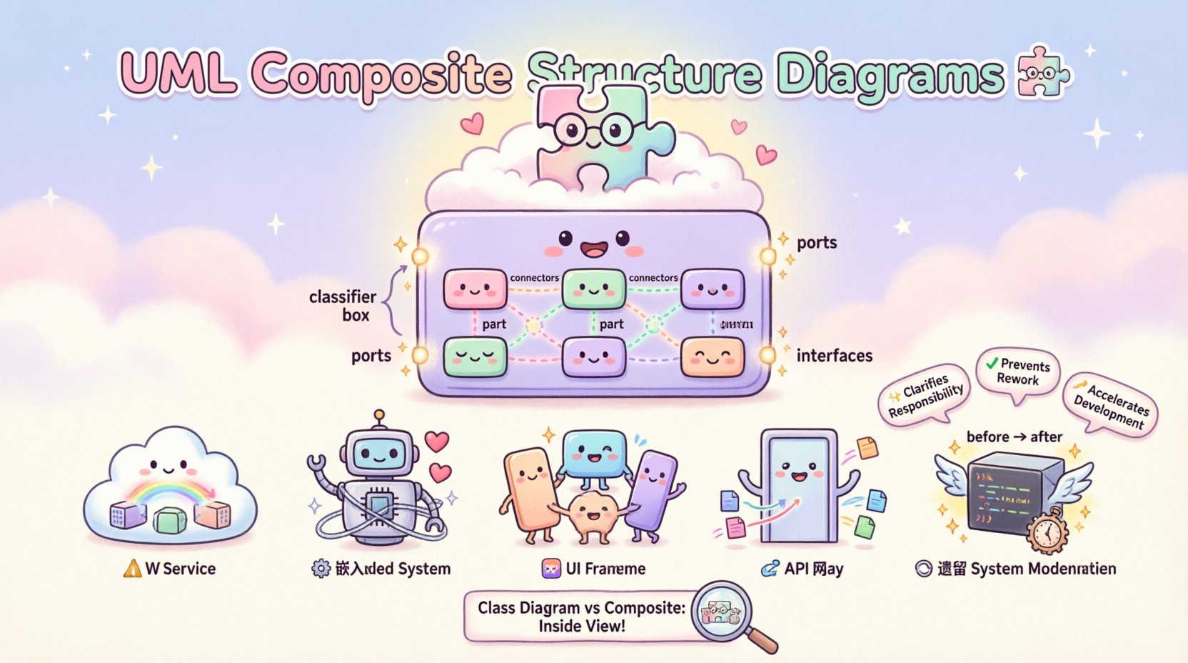 Adorable kawaii-style infographic explaining UML Composite Structure Diagrams with pastel colors and cute vector icons, showcasing five time-saving scenarios: microservices architecture, embedded systems, UI frameworks, API gateways, and legacy modernization, featuring a central classifier character with friendly parts connected by ports and interfaces