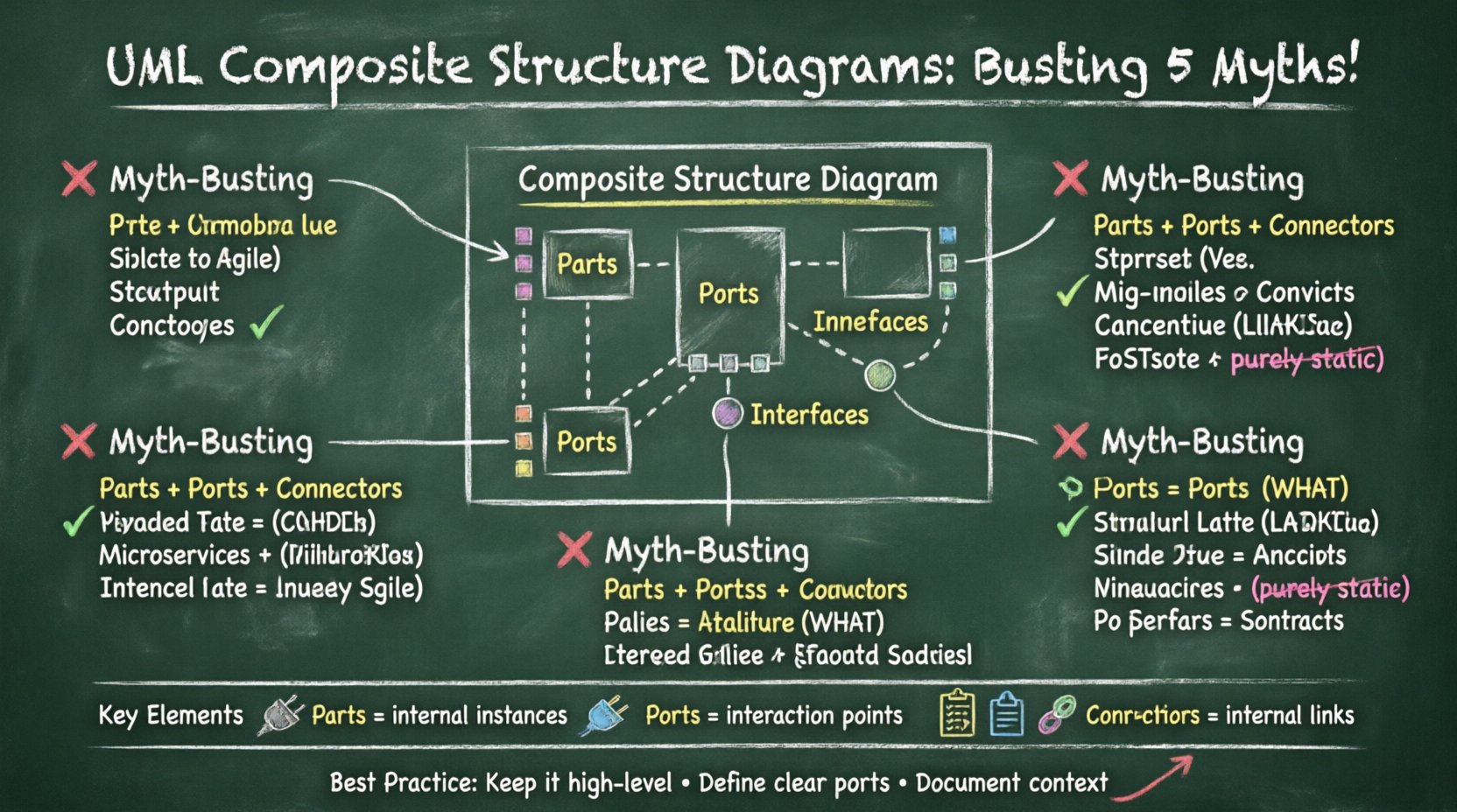 Chalkboard-style infographic debunking 5 common myths about UML Composite Structure Diagrams: (1) Not just a class diagram - shows internal component anatomy, (2) Works for software too - not just hardware, (3) Agile-friendly when used for critical subsystems, (4) Complements sequence diagrams by showing structure vs behavior, (5) Interfaces define behavior through ports. Features hand-written teacher aesthetic with key elements: Parts, Ports, Interfaces, Connectors, plus best practices for implementation.
