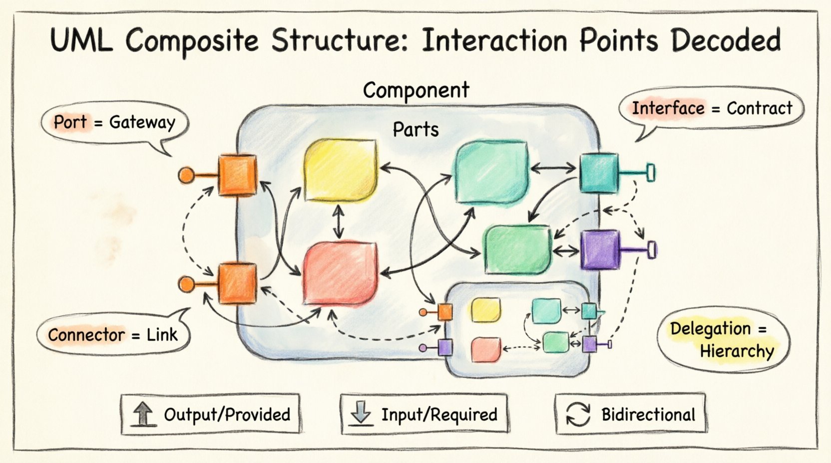 Marker illustration infographic explaining UML Composite Structure Diagrams: shows a component with X-ray cutaway revealing internal parts, ports as interaction points on boundaries, connectors with directional arrows, lollipop and socket interface symbols, delegation arrows from outer to inner ports, and labeled callouts defining ports as gateways, interfaces as contracts, and connectors as links; includes three icon cards for provided/required/bidirectional interface types; hand-drawn marker style with warm colors and clear visual hierarchy for software architecture education
