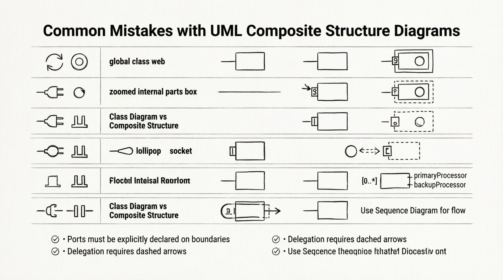 Line art infographic illustrating six common mistakes junior developers make with UML Composite Structure Diagrams: confusing with class diagrams, misusing ports and connectors, neglecting provided/required interfaces, overlooking delegation connectors, misinterpreting multiplicity and roles, and mixing behavioral flows with structureβeach showing wrong vs. correct visual examples with UML notation, plus best practices checklist for accurate system modeling