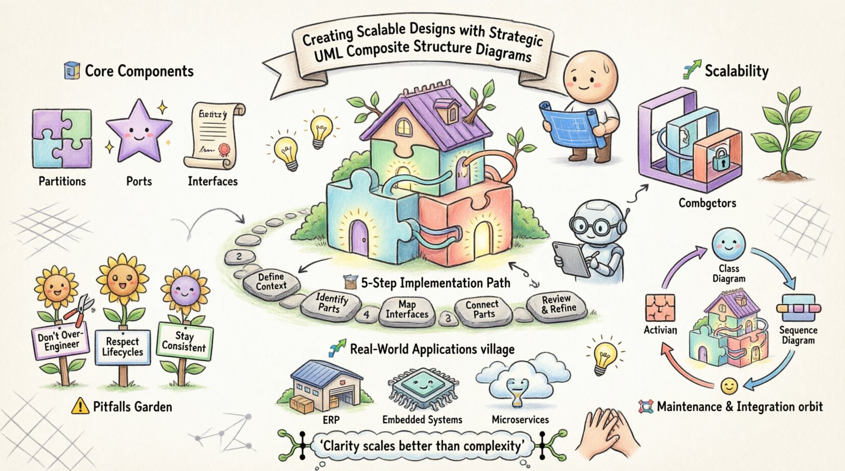 Whimsical infographic illustrating UML Composite Structure Diagrams for scalable software architecture, featuring core components (partitions, ports, interfaces, connectors), scalability strategies (aggregation vs composition, nested structures), five-step implementation process, common pitfalls to avoid, maintenance best practices, integration with Class/Sequence/Activity diagrams, and real-world applications in ERP, embedded systems, and microservices - presented in a playful pastel-colored style with puzzle pieces, friendly characters, and visual metaphors for clarity