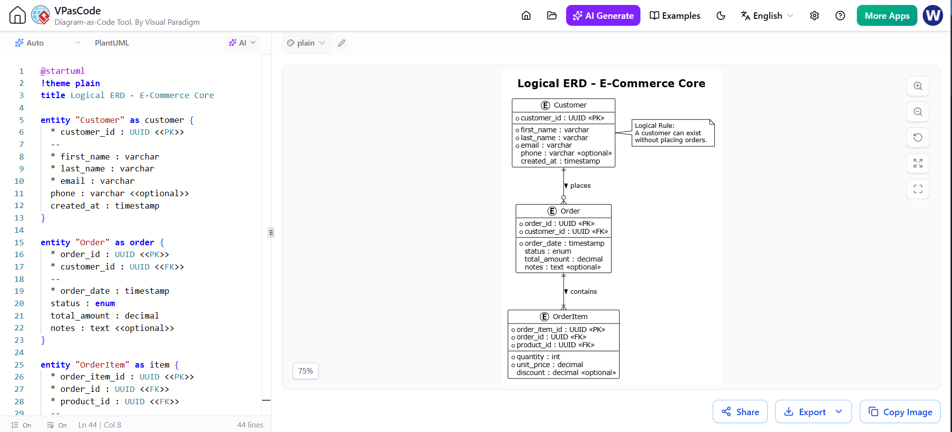 Diagram as Code: Example B: Resolving Many-to-Many (Associative Entity) Example | Visual Paraigm VPasCode