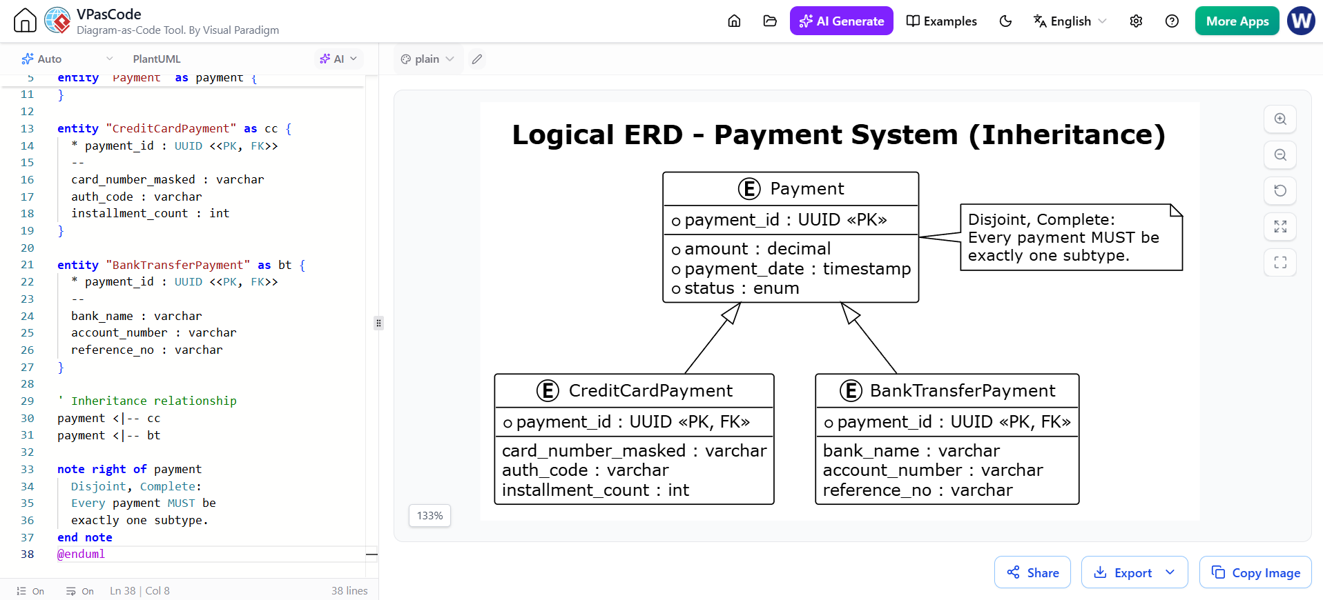Diagram as Code: Example C: Supertype / Subtype (Inheritance) Example | Visual Paradigm VPasCode 