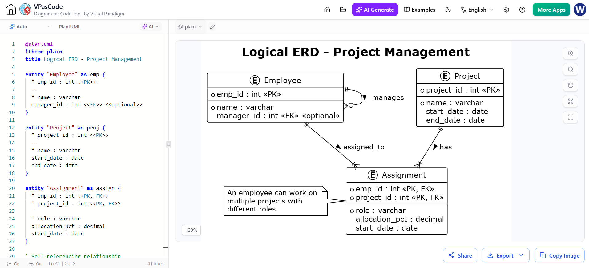 Diagram as Code: Example D: Complex Multi-Relationship Scenario | Visual Paradigm VPasCode