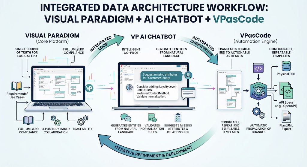 Integrated Data Architecutre Workflow: Visual Paradigm + AI Chatbot + VPasCode Example