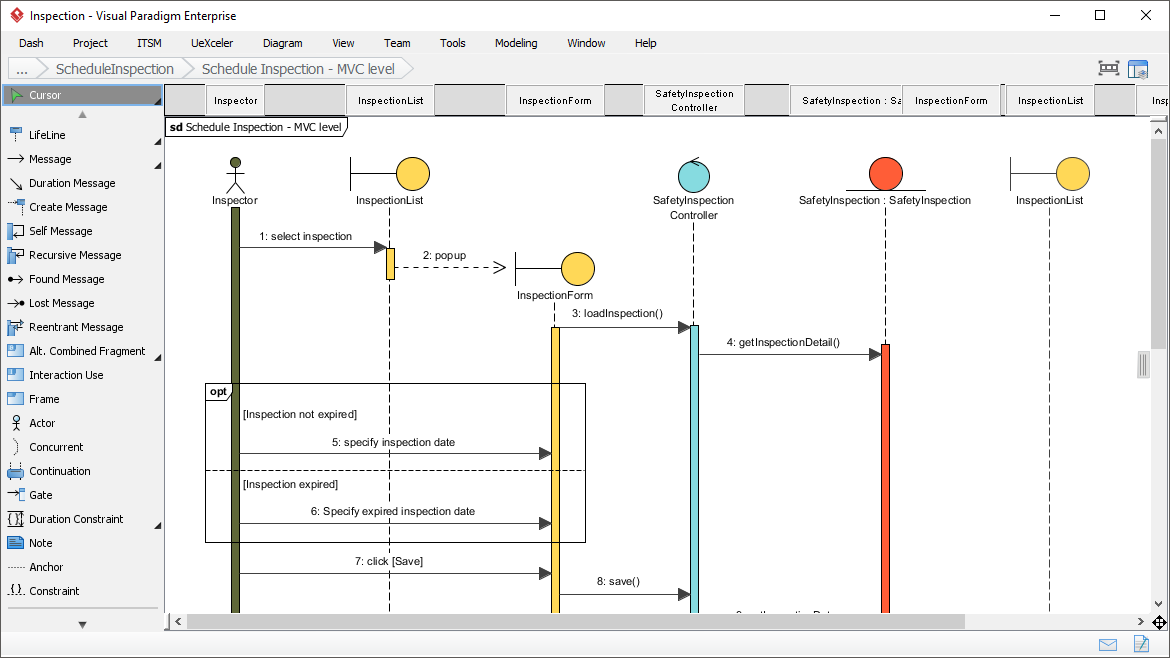 Visual Paradigm MVC sequence diagram for scheduling inspection